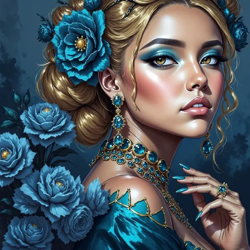 Prompt: <mymodel>An extremely gorgeous woman,  with turquoise jewels, in color scheme of turquoise and gold