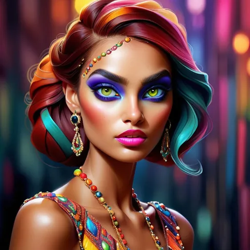 Prompt: digital painting, dramatic colourful makeup, high fashion, intense gaze, realistic portrayal, vibrant colors, detailed features, highres, professional, dramatic, realistic, digital painting, intense gaze, vibrant colors, detailed features, high fashion, glamorous lighting