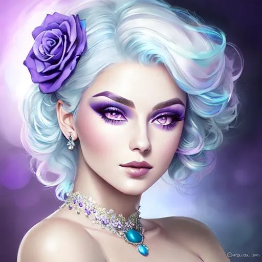 Prompt: A beautiful woman, white hair with pastel purple highlights, violet eyes, blue eyeshadow, pastel blue roses in her hair, blue jewels on forehead, cartoon style