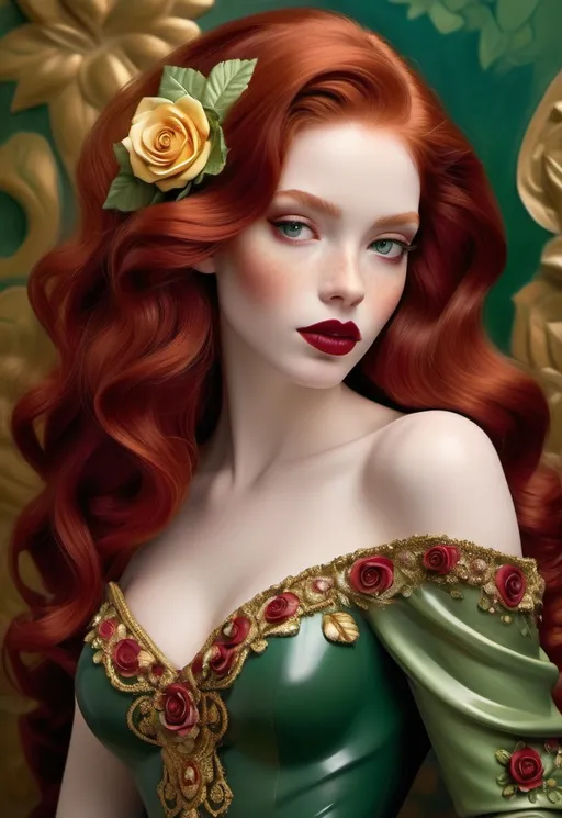 Prompt: A striking figure captures attention with her lush, wavy red hair adorned with vibrant roses, exuding a sense of elegance and charm. Her porcelain skin contrasts beautifully with her deep red lips and high cheekbones, emphasizing her captivating features, while intricate gold detailing on her green attire adds an element of sophistication. Set against a decorative background with swirling patterns and additional roses, the composition creates a romantic and whimsical atmosphere. The soft lighting enhances the richness of her colors, imbuing the scene with a dreamlike quality. This portrayal evokes a narrative of grace and allure, inviting the viewer into a world of beauty and fantasy.