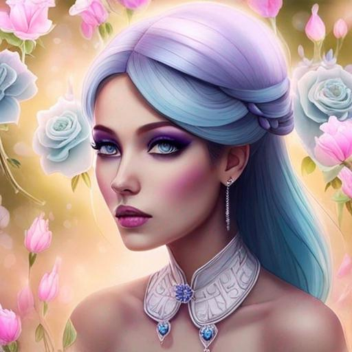 Prompt: A beautiful woman, white hair with pastel purple highlights, violet eyes, blue eyeshadow, pastel blue roses in her hair, blue jewels on forehead, cartoon style