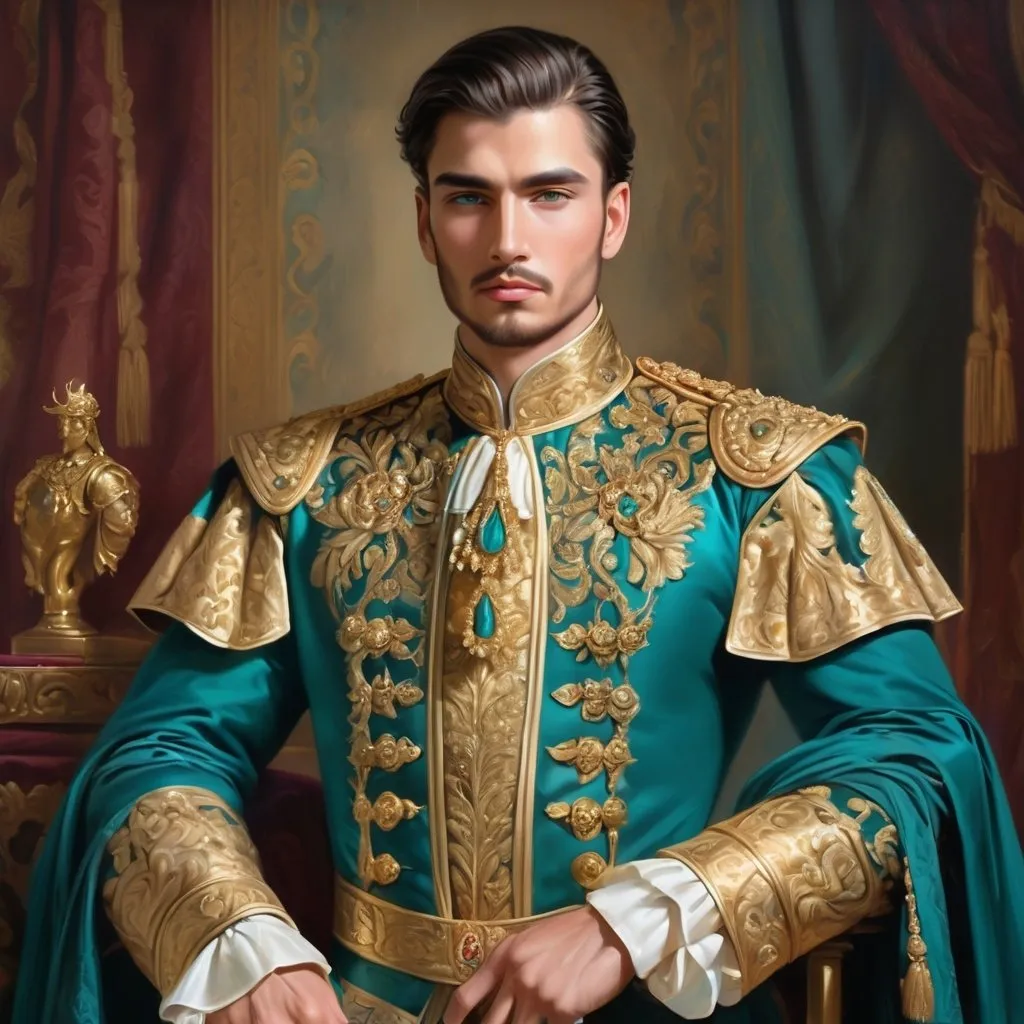 Prompt: <mymodel>Teal and gold man, oil painting, regal and powerful stance, intricate gold detailing, intense and confident expression, luxurious and royal attire, high quality, oil painting, regal, powerful, teal and gold tones, intricate details, intense expression, luxurious attire, professional lighting