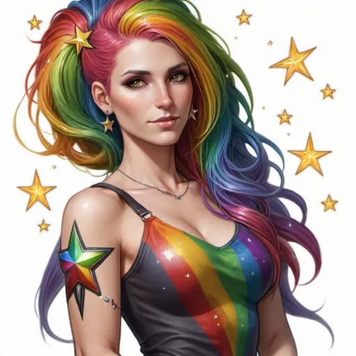 Prompt: a woman with rainbow hair and stars on her chest and chest, wearing a rainbow outfit and a star on her arm, Anne Stokes, fantasy art, epic fantasy character art, a character portrait