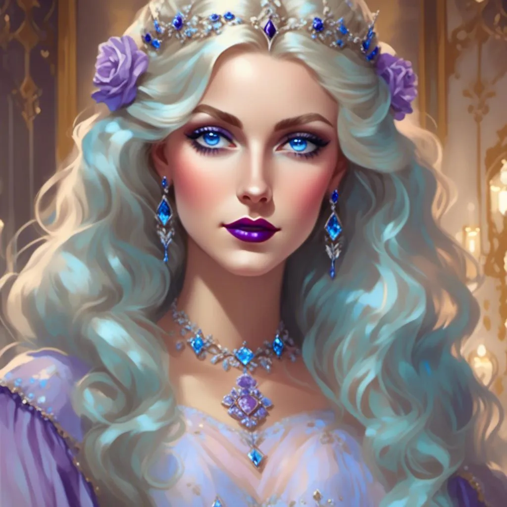 Prompt: <mymodel>Beautiful ethereal woman, long blonde hair,and icy blue eyes color, purple lipstick, facial closeup