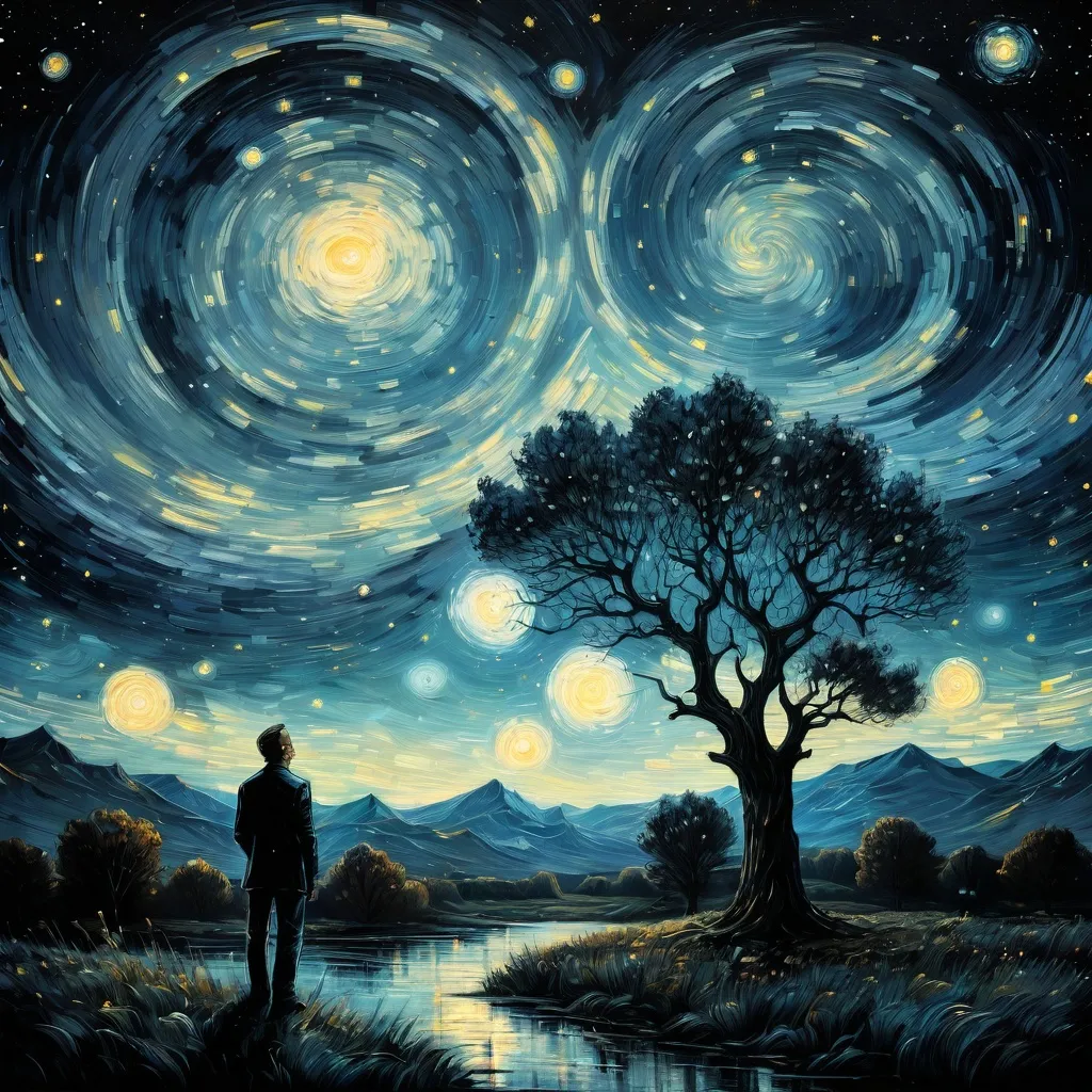 Prompt: a painting of a man standing in front of a tree with a night sky background and stars in the sky,  Van Gogh sky, Dan Mumford, post-impressionism, stars, a detailed painting