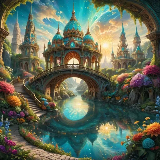 Prompt: A vibrant fantasy landscape bursts with color and intricate detail, dominated by two majestic towers adorned with swirling patterns and topped with ornate, turquoise domes that reach toward a radiant sunburst at the center. Below, an elegantly arched bridge crosses a shimmering body of water, reflecting the kaleidoscope of hues from the surrounding floral arrangements. Lush vegetation frames the scene, with bright pink and blue flowers blooming amid rich greens, adding to the enchanting atmosphere. The backdrop features towering mountains under a serene sky, creating a harmonious blend of natural beauty and fantastical architecture, evoking a sense of wonder and magic infused with light.