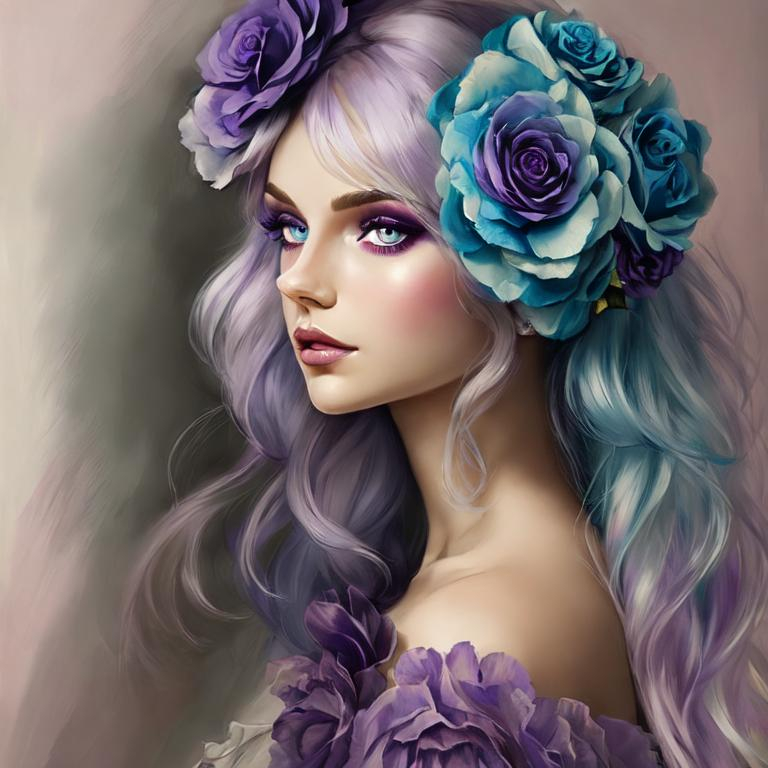 Prompt: A beautiful woman, white hair with pastel purple highlights, violet eyes, blue eyeshadow, pastel blue roses in her hair, blue jewels on forehead, cartoon style