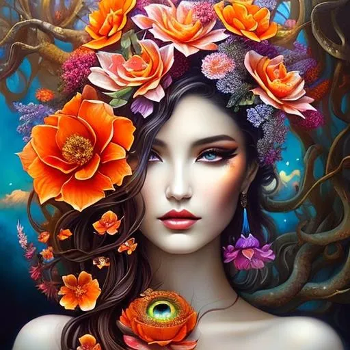 Prompt: Beautiful  hybrid woman with orange flowers sprouting from her, oil painting, detailed fiery eyes, ethereal glow, dark and mysterious, high quality, vibrant colors, surreal, haunting, intricate floral details, intense gaze, mystical atmosphere, oil painting, demon, hybrid, fiery eyes, ethereal, vibrant colors, surreal, haunting, floral details, intense gaze, mystical atmosphere