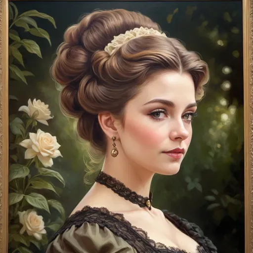 Prompt: Victorian belle, oil painting, elegant Victorian dress with intricate lace details, lush garden setting, soft and warm lighting, vintage color tones, elaborate updo hairstyle, detailed facial features, high quality, oil painting, Victorian, elegant, lush garden, vintage tones, soft lighting, detailed facial features, intricate dress