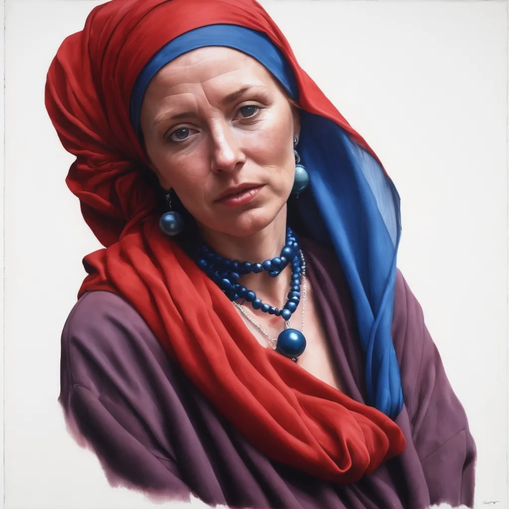 Prompt: <mymodel> a painting of a woman wearing a red head scarf and a necklace with a blue bead around her neck, Arie Smit, photorealism, photorealistic portrait, a photorealistic painting