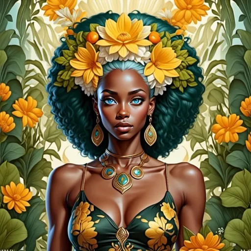 Prompt: <mymodel>In a majestic detailed floral the mystical Empress, a black woman with green and yellow hair, stands tall amidst vibrant flora, embodying divine grace and feminine power.