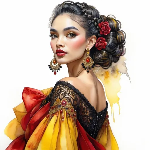 Prompt: <mymodel> beautiful woman, hair pinned up, yellow red black dress, earrings, Watercolor, trending on artstation, sharp focus, studio photo, intricate details, highly detailed, by  Josephine Wall and Jasmine Becket-Griffith