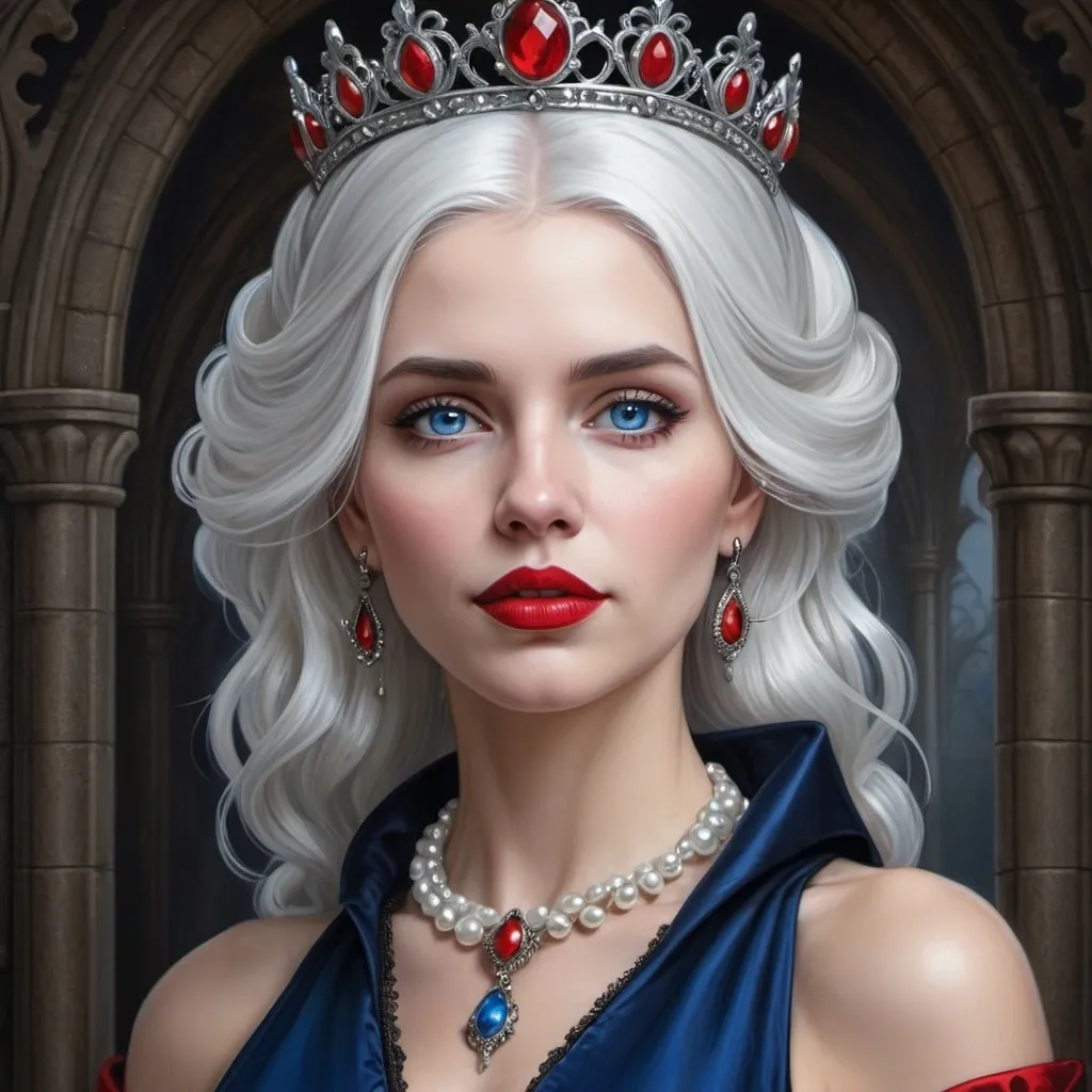 Prompt: a woman with  white hair, blue eyes, red lips, a tiara and pearls on her head and a red lip and a blue dress with a red and white collar, Anne Stokes, gothic art, highly detailed digital painting, a detailed painting