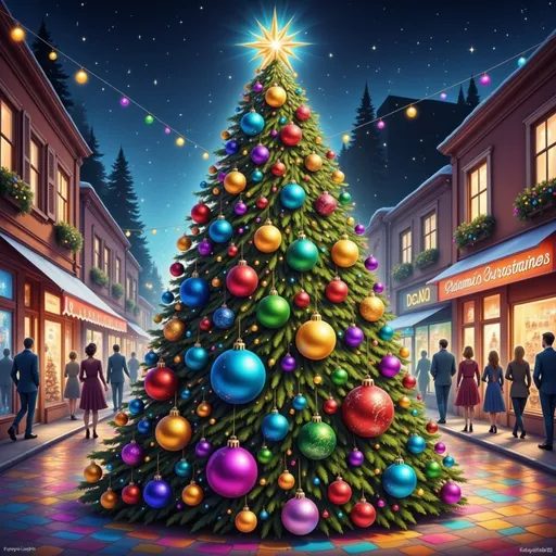 Prompt: a christmas tree with many ornaments on it in a city street at night with people walking by and a store front, Evgeny Lushpin, american scene painting, highly detailed digital painting, a digital rendering