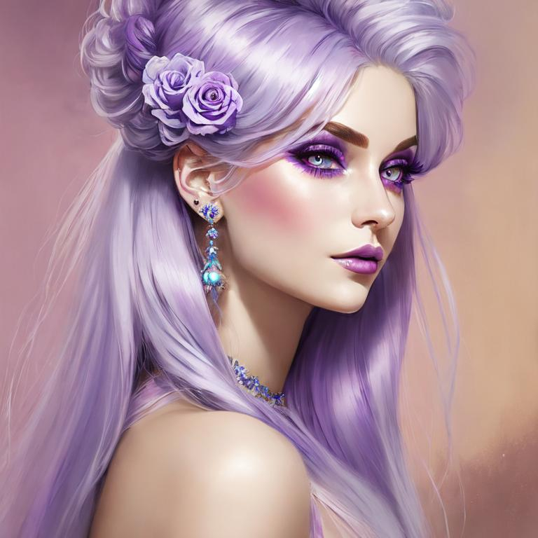 Prompt: A beautiful woman, white hair with pastel purple highlights, violet eyes, blue eyeshadow, pastel blue roses in her hair, blue jewels on forehead, cartoon style