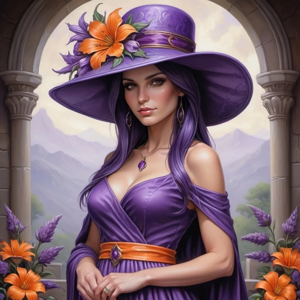 Prompt: a woman wearing a purple hat with  orange flowers on it's head and a purple dress with a purple sash, Anne Stokes, fantasy art, purple, a detailed painting