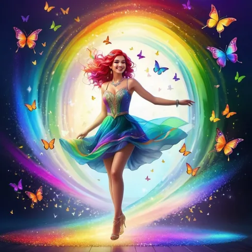 Prompt: (rainbow lady), vibrant colors, flowing multicolored hair, whimsical attire accentuated with geometric patterns, ethereal background with swirling hues, uplifting atmosphere, enchanting smile, surrounded by luminous butterflies, sparkling light effusions, magical feel, (4K), ultra-detailed, captivating composition, cheerful mood, reminiscent of a fairytale.