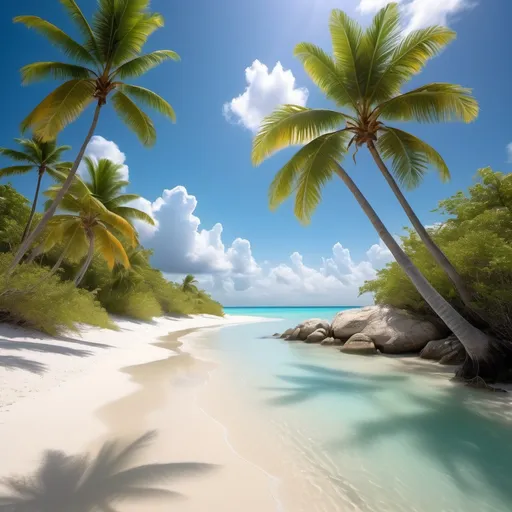 Prompt: Caribbean blue, (vibrant) (tropical), luminous waters, (inviting) (serene) ambiance, (sunlit) waves gently lapping the shore, white sands, (lush green palms) swaying, (clear skies), calming contrast, capturing the essence of island paradise, high-resolution, meticulous detail, (warm sunlight) casting soft shadows, creating a dreamlike atmosphere, a haven of tranquility and beauty.