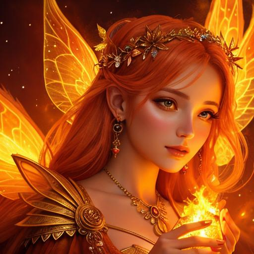 Prompt: fairy goddess, warm colors, fiery background, closeup