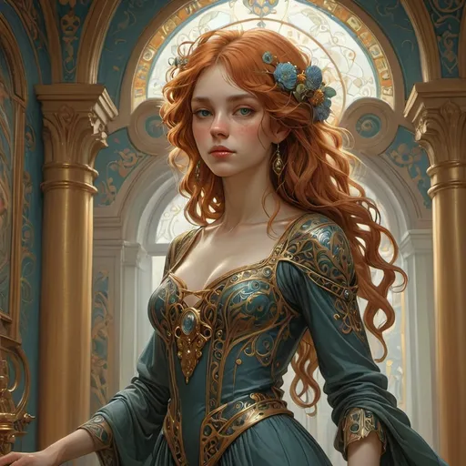 Prompt:  Beautiful woman in ornate, Renaissance-inspired  reminiscent of Pre-Raphaelite and Art Nouveau styles, with hints of Alphonse Mucha's elegance and Gustav Klimt's opulence, in the manner of digital artist Simon Stalenhag.