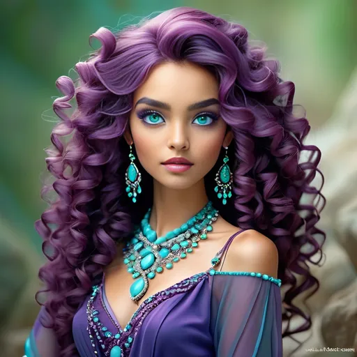 Prompt: <mymodel>An extremely gorgeous woman,  with turquoise jewels, in color scheme of purple, long curly hair