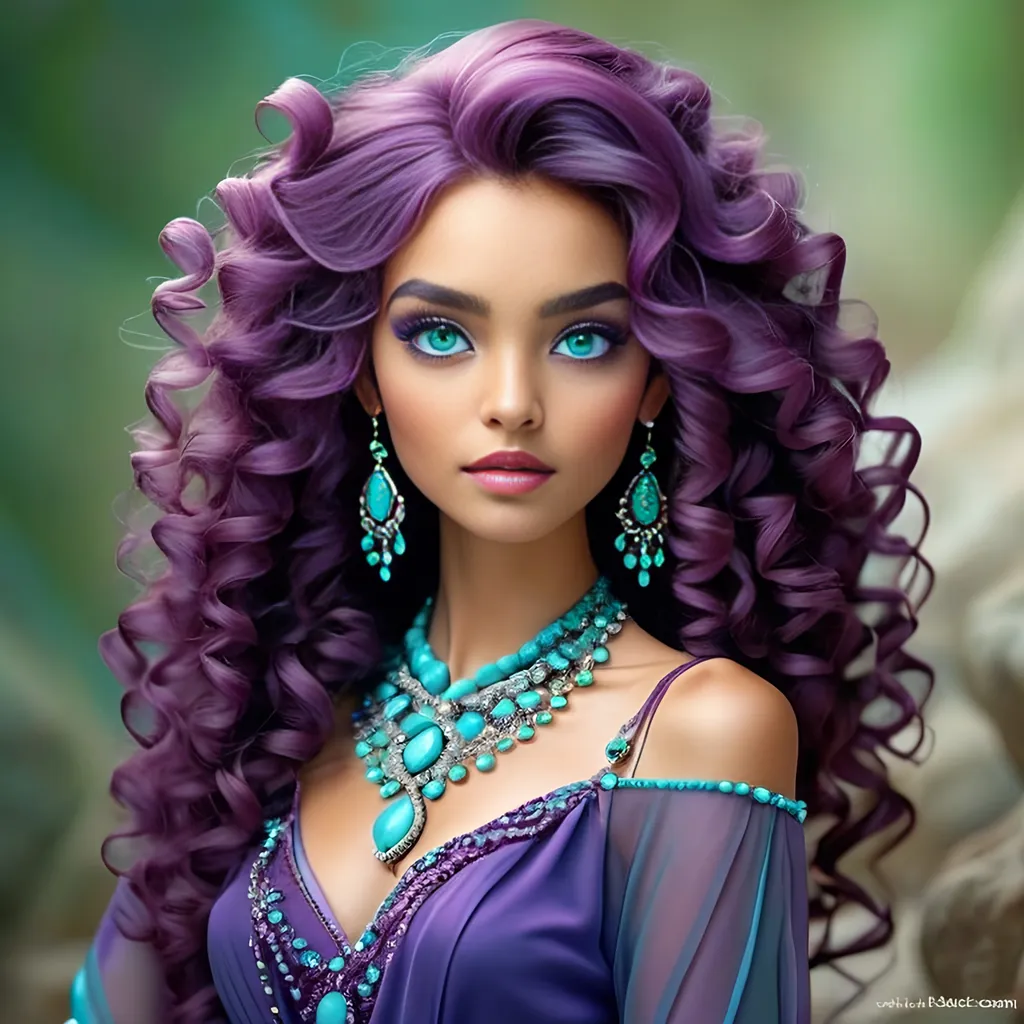 Prompt: <mymodel>An extremely gorgeous woman,  with turquoise jewels, in color scheme of purple, long curly hair