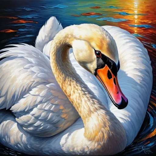 Prompt: Vibrant oil painting of a majestic swan, rich and expressive brushstrokes, intricate feather details, regal posture, captivating gaze, high quality, vibrant colors, detailed oil painting, majestic, expressive, regal, vibrant colors, intricate details, professional lighting