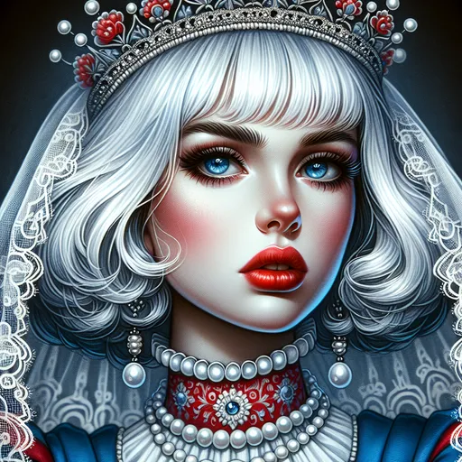 Prompt: a woman with  white hair, blue eyes, a tiara and pearls on her head and a red lip and a blue dress with a red and white collar, Anne Stokes, gothic art, highly detailed digital painting, a detailed painting