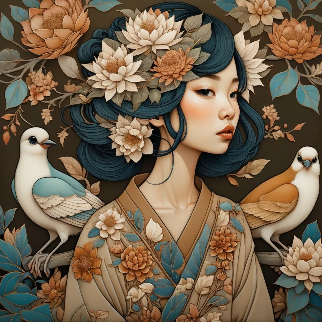 Prompt:  a woman with flowers in her hair and two birds on her shoulders, Audrey Kawasaki, cloisonnism, highly detailed digital painting, a detailed painting