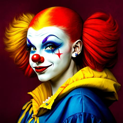 Prompt: A pretty female clown all in primary colors, pretty makeup