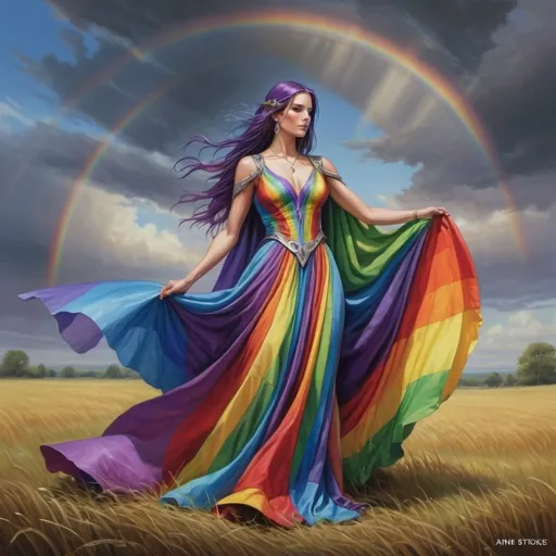 Prompt: a woman in a rainbow colored dress standing in a field with a rainbow colored dress on her shoulders and a rainbow colored dress on her shoulders, Anne Stokes, fantasy art, magic the gathering artwork, a fine art painting