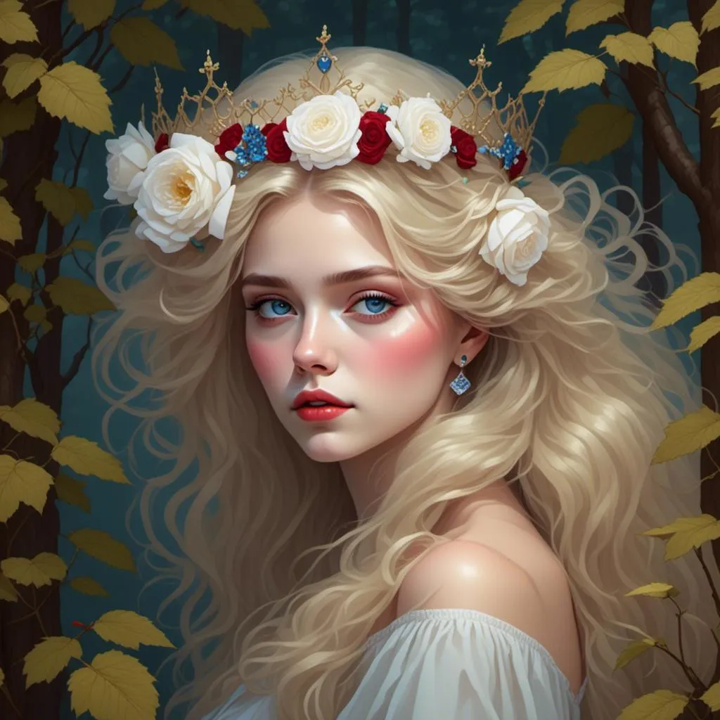 Prompt: <mymodel>Fairy tale, beautiful girl with white skin, (perfect face), light golden hair, blue pupils, red lips, forest style, mysterious, vintage fashion-dresses, with a transparent crystal crown on her head, the woman's body is so white Glows, (high detail) sitting on an oversized red rose, hyperdetail, ultra high definition.