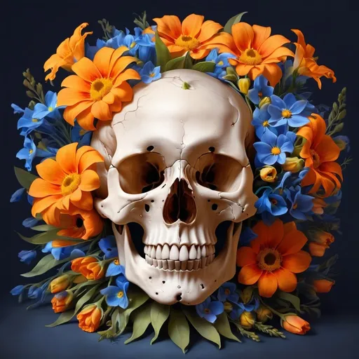 Prompt: A human skull surrounded by orange, yellow and blue flowers