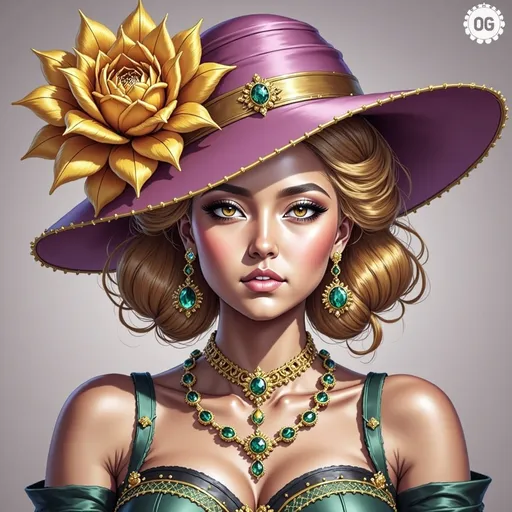 Prompt: a woman wearing a green hat and green jewelry with a flower on her head and a green dress and necklace, Artgerm, fantasy art, highly detailed digital painting, a detailed painting