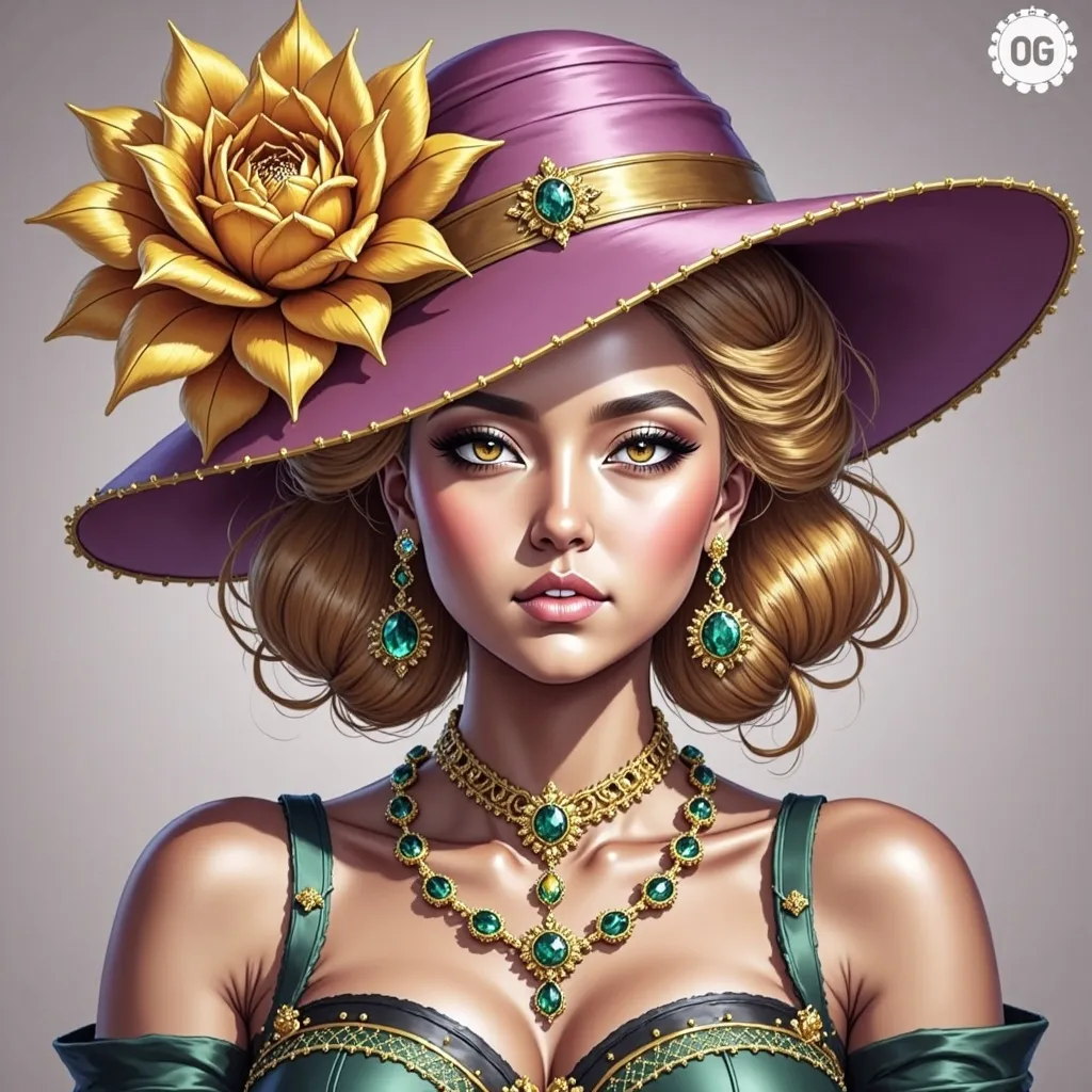 Prompt: a woman wearing a green hat and green jewelry with a flower on her head and a green dress and necklace, Artgerm, fantasy art, highly detailed digital painting, a detailed painting