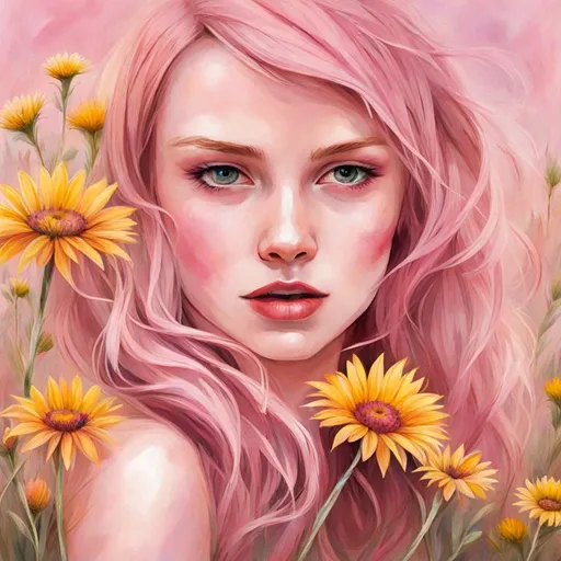 Prompt: Girl in shades of pink, wildflowers