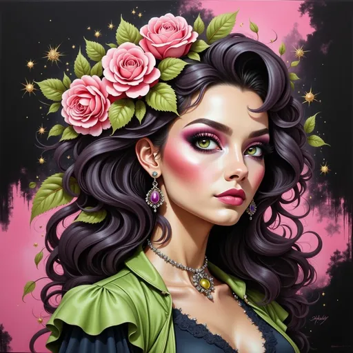 Prompt: a woman with long hair and flowers in her hair, wearing a green dress and a pink background with roses, Charlie Bowater, gothic art, highly detailed digital painting, a character portrait