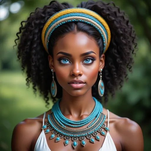 Prompt: With striking blue eyes that capture attention, a young woman stands confidently against a blurred natural backdrop, embodying grace and cultural heritage. Her hair, styled in a voluminous manner, is adorned with a colorful headdress made of vibrant yellow, blue, and natural fibers, creating a stunning contrast against her smooth skin. Around her neck, a decorative necklace of turquoise beads and metallic accents enhances her regal appearance, emphasizing her strong features and serene expression. The soft, diffused lighting highlights the textures and colors of her accessories, while the lush greenery hints at an outdoor setting, evocative of a celebration or an important cultural moment. The overall mood radiates empowerment and beauty, narrating a story of identity and tradition that transcends time.