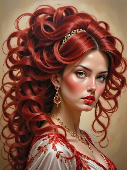 Prompt: a powerful woman with Victorian wine red curly voluminous hair half up half down