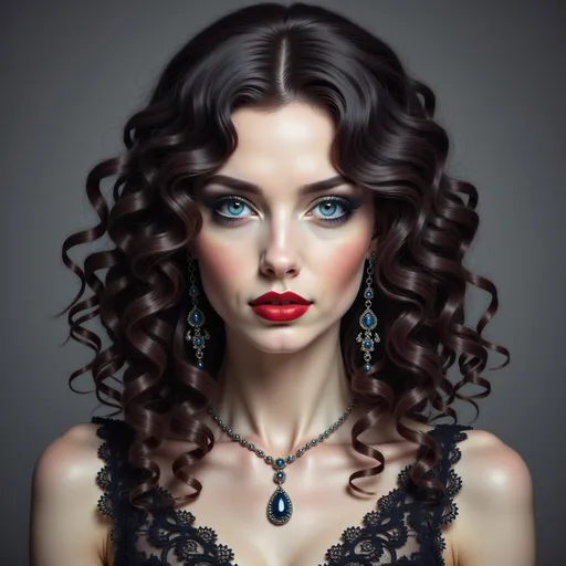 Prompt: a woman with blue eyes and a black dress with a red lip and a black dress with a black lace, Elina Karimova, gothic art, defined facial features, a character portrait