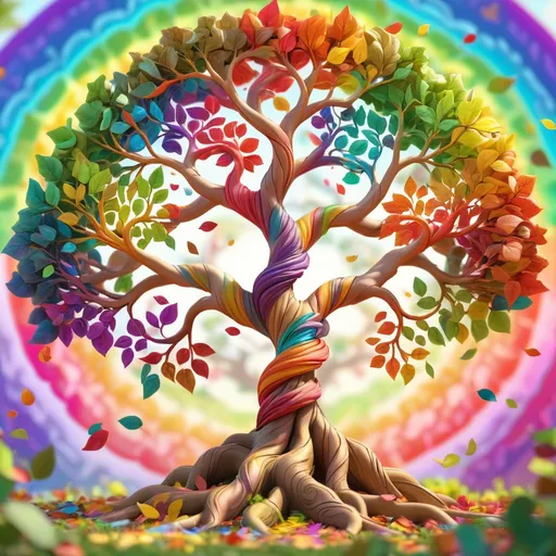 Prompt: colorful gnarled tree of life, spiral colors in the background, rainbow leaves, hyper-detailed, photorealistic 8k max