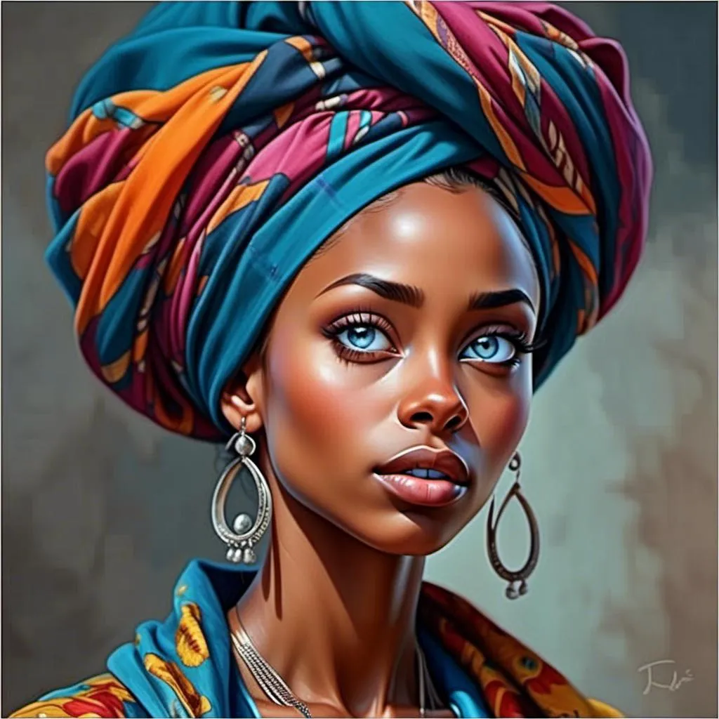 Prompt: <mymodel> a woman with a colorful head scarf and large earrings on her head, wearing a colorful jacket and a pair of earrings, Edwin Georgi, photorealism, highly detailed digital painting, a photorealistic painting