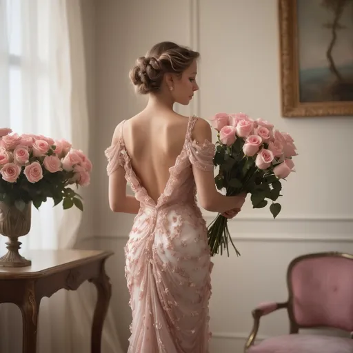 Prompt: A serene moment unfolds in a tastefully decorated interior, where a young woman stands elegantly, her back toward the viewer, adorned in a breathtaking gown embellished with delicate pink roses. The softness of her hair cascades in loose waves, accentuating the grace of her posture as she holds a bouquet of matching roses in one hand. The room is bathed in warm, natural light filtering through a large window, highlighting the intricate patterns on the walls and the gentle drapery that frames the scene. A charming wooden table, adorned with a vase of more roses, complements the vintage decor, complete with ornate mirrors—and flickering candles casting a romantic glow, all contributing to the enchanting atmosphere of anticipation and beauty. The overall mood captures a blend of timeless elegance and youthful charm, inviting viewers into a moment of poised grace.