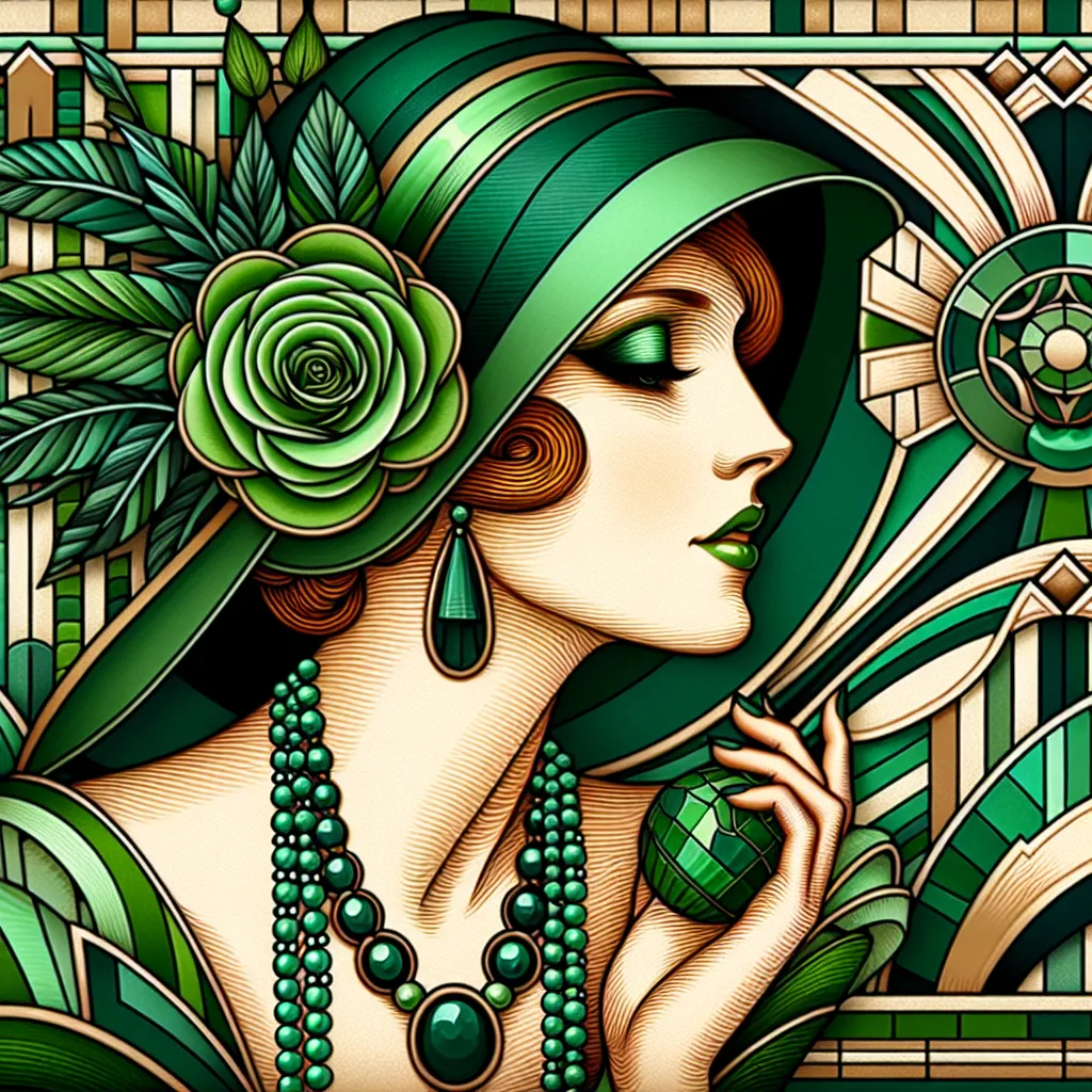 Prompt: <mymodel> a woman with a green hat and green necklaces on her head and a green rose on her head, Charlie Bowater, art deco, highly detailed digital painting, an art deco painting