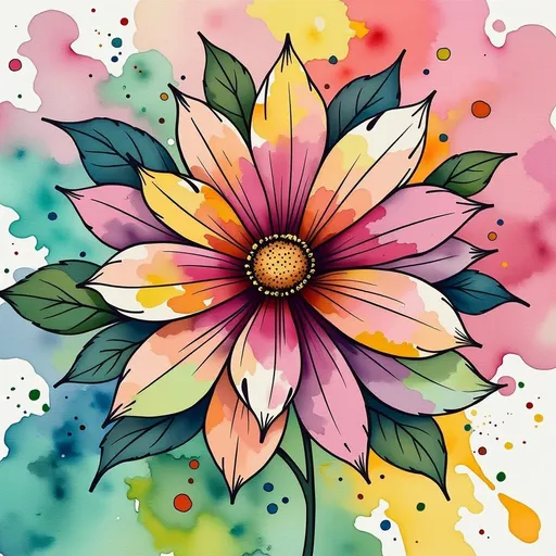 Prompt: This is a digital drawing of a vibrant, multi-colored flower, executed in a watercolor and ink style. The flower has six petals, each displaying a gradient of colors including pink, red, orange, yellow, and green, blending seamlessly into one another. The petals are outlined in bold, black ink, which contrasts sharply with the bright, watercolor washes. The center of the flower is a small, dark yellow circle with black ink lines radiating outward, giving it a textured, almost stamen-like appearance. The background is a splatter of watercolor hues, primarily yellow, green, blue, and pink, creating a dynamic, abstract effect. The watercolor splatters are uneven and spread out, adding a sense of movement and energy to the image. The white background enhances the vibrancy of the colors and makes the flower the focal point. The overall style is modern and abstract, with a playful and lively aesthetic. The combination of ink and watercolor gives the image a textured, layered look, with the ink providing structure and the watercolor adding a sense of fluidity and spontaneity.