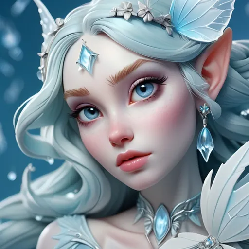 Prompt: fairy goddess .beautiful , pale skin icy blue background, realistic, closeup