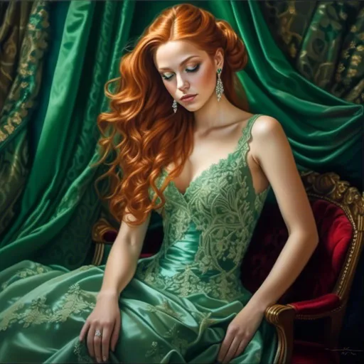 Prompt: High-resolution oil painting of a stunning woman, flowing red hair, captivating green eyes, elegant evening gown, intricate lace details, graceful posture, soft and ethereal lighting, vibrant and rich color tones, classic and timeless, detailed portrait, oil painting, elegant, captivating gaze, flowing hair, intricate details, high quality, rich colors, soft lighting<mymodel>