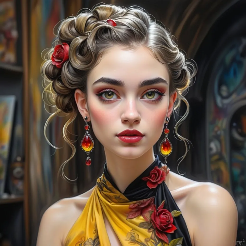 Prompt: <mymodel> beautiful woman, hair pinned up, yellow red black dress, earrings, Watercolor, trending on artstation, sharp focus, studio photo, intricate details, highly detailed, by  Josephine Wall and Jasmine Becket-Griffith