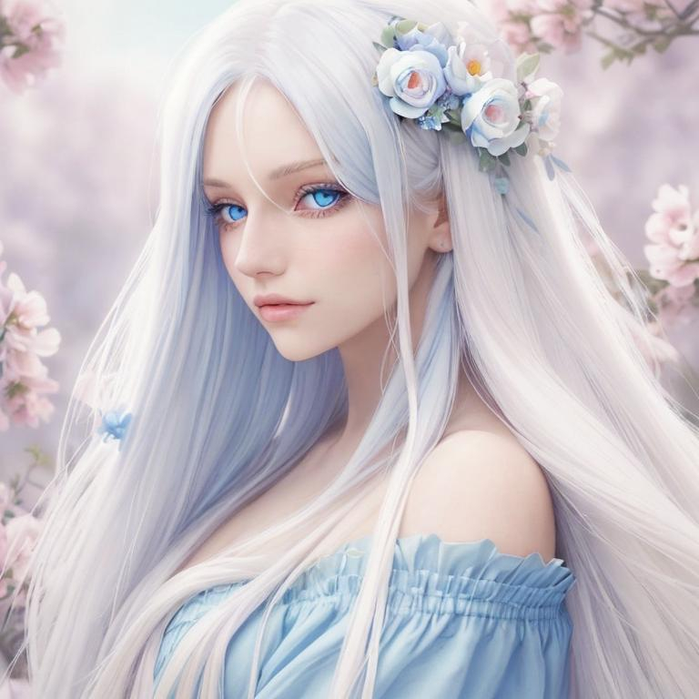 Prompt: A beautiful woman with long white hair., pretty flowers in her hair, blue eyes, pastel color palette