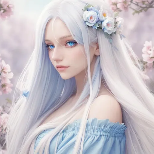 Prompt: A beautiful woman with long white hair., pretty flowers in her hair, blue eyes, pastel color palette